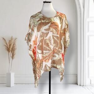 Chicos Gauzy Linen Poncho Size L/XL Orange Brown Floral Print Boho